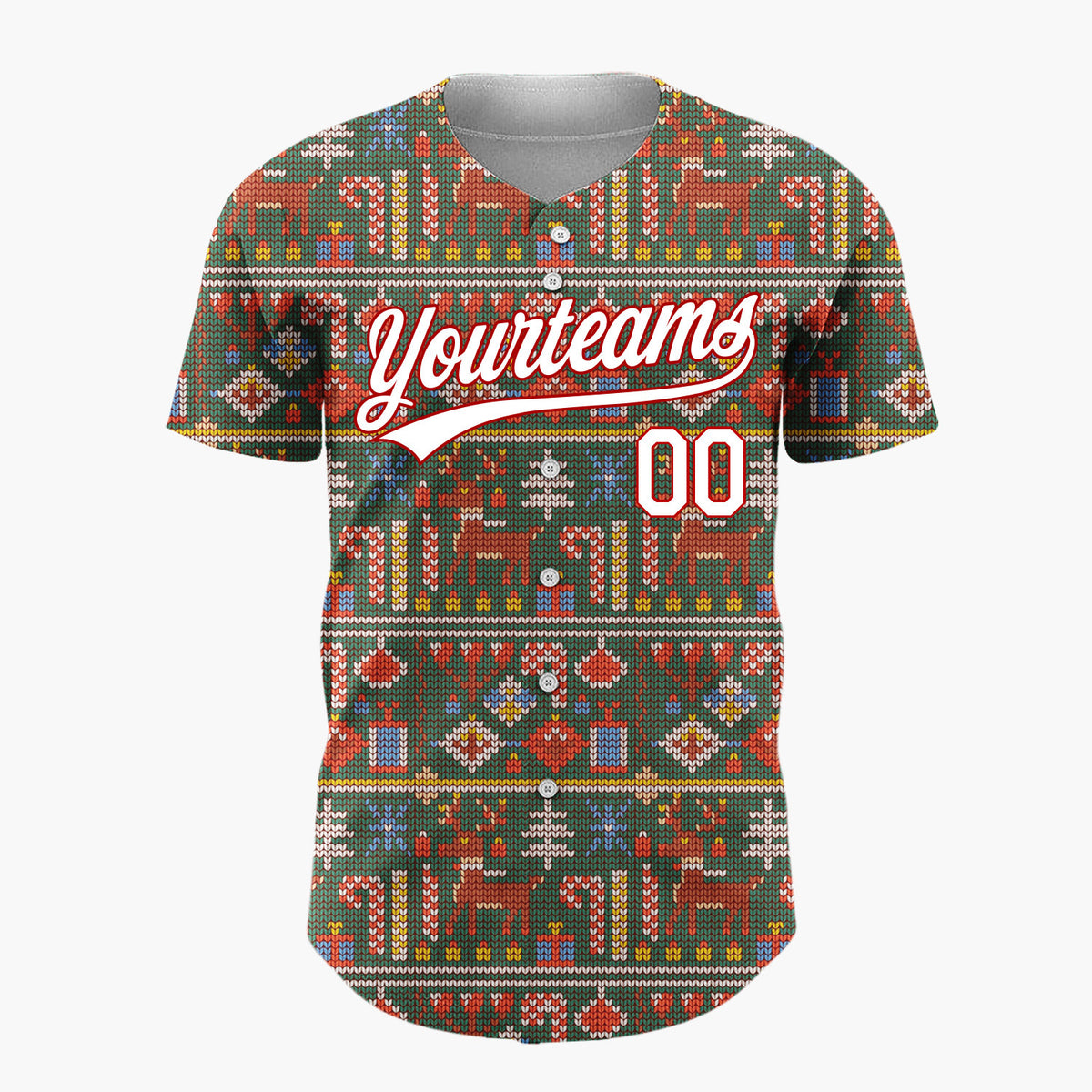 Custom Dark Green Reindeers Candy Canes And Gifts Knitted Christmas Baseball Jersey