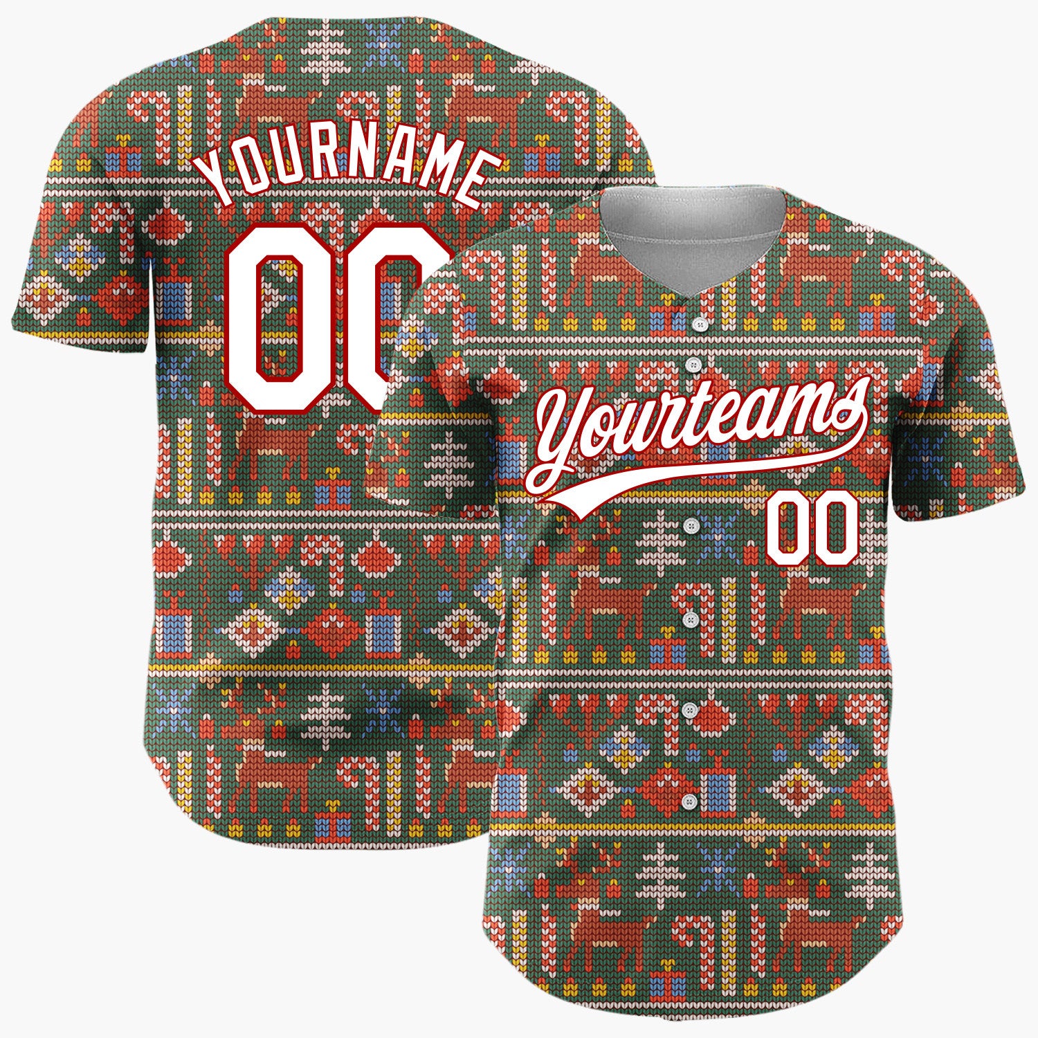 Custom Dark Green Reindeers Candy Canes And Gifts Knitted Christmas Baseball Jersey