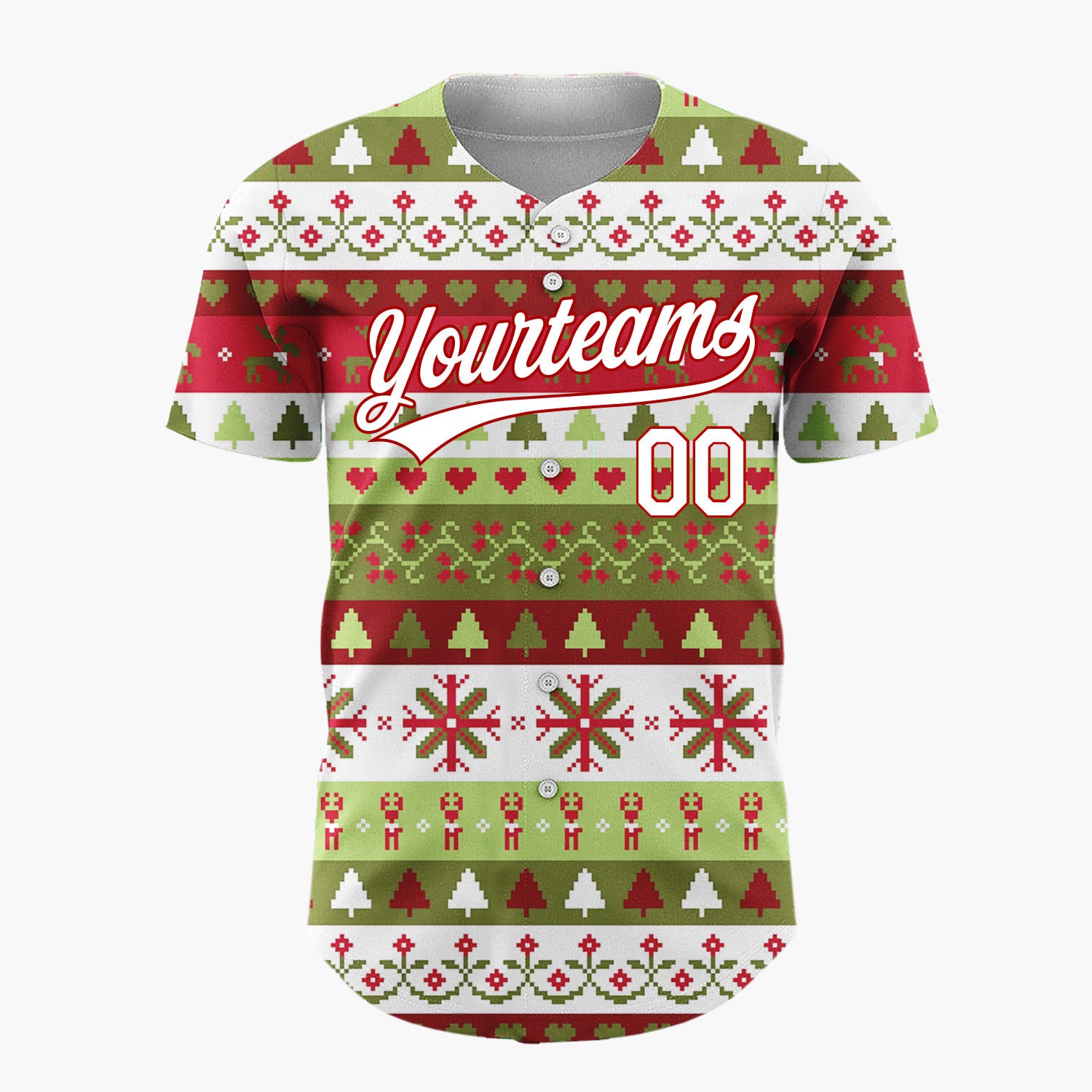 Custom Green Red And White Trees Hearts And Snowflakes Traditional Fair Isle Pattern Christmas Baseball Jersey