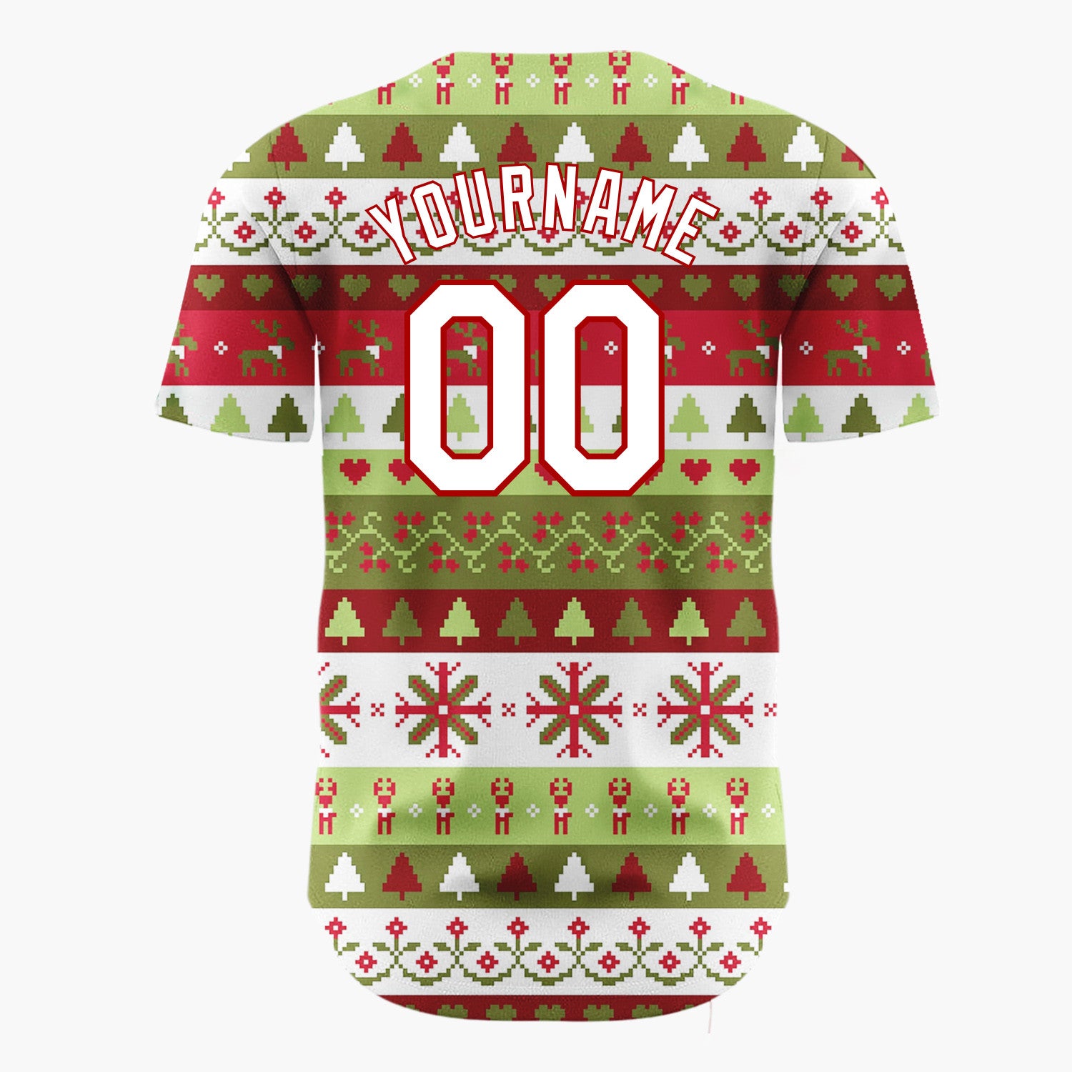 Custom Green Red And White Trees Hearts And Snowflakes Traditional Fair Isle Pattern Christmas Baseball Jersey