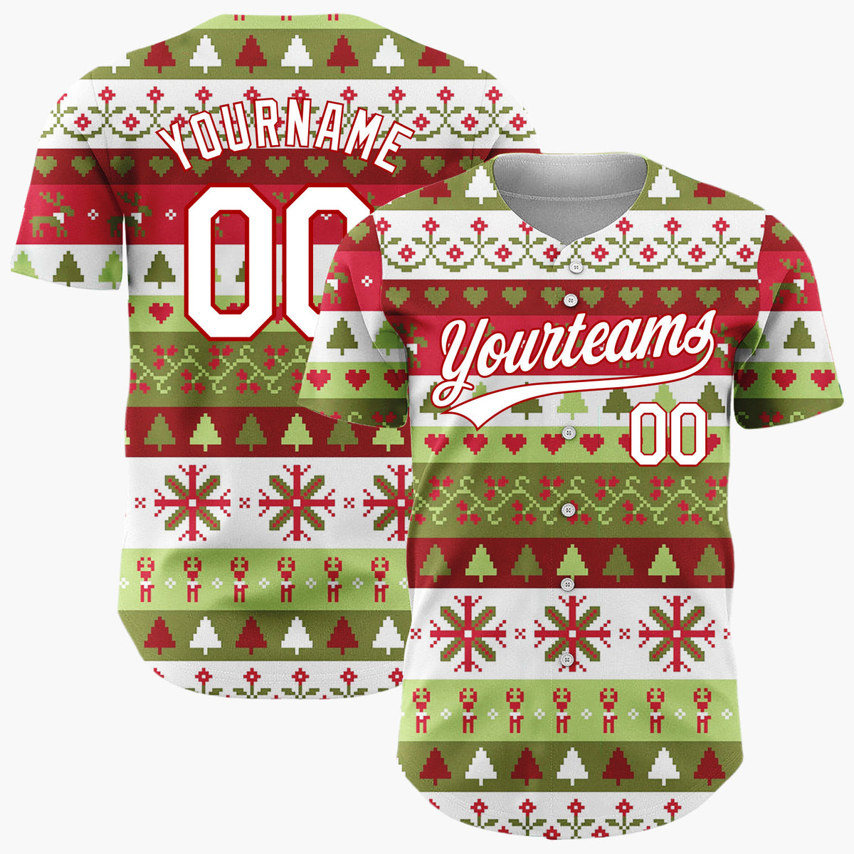 Custom Green Red And White Trees Hearts And Snowflakes Traditional Fair Isle Pattern Christmas Baseball Jersey