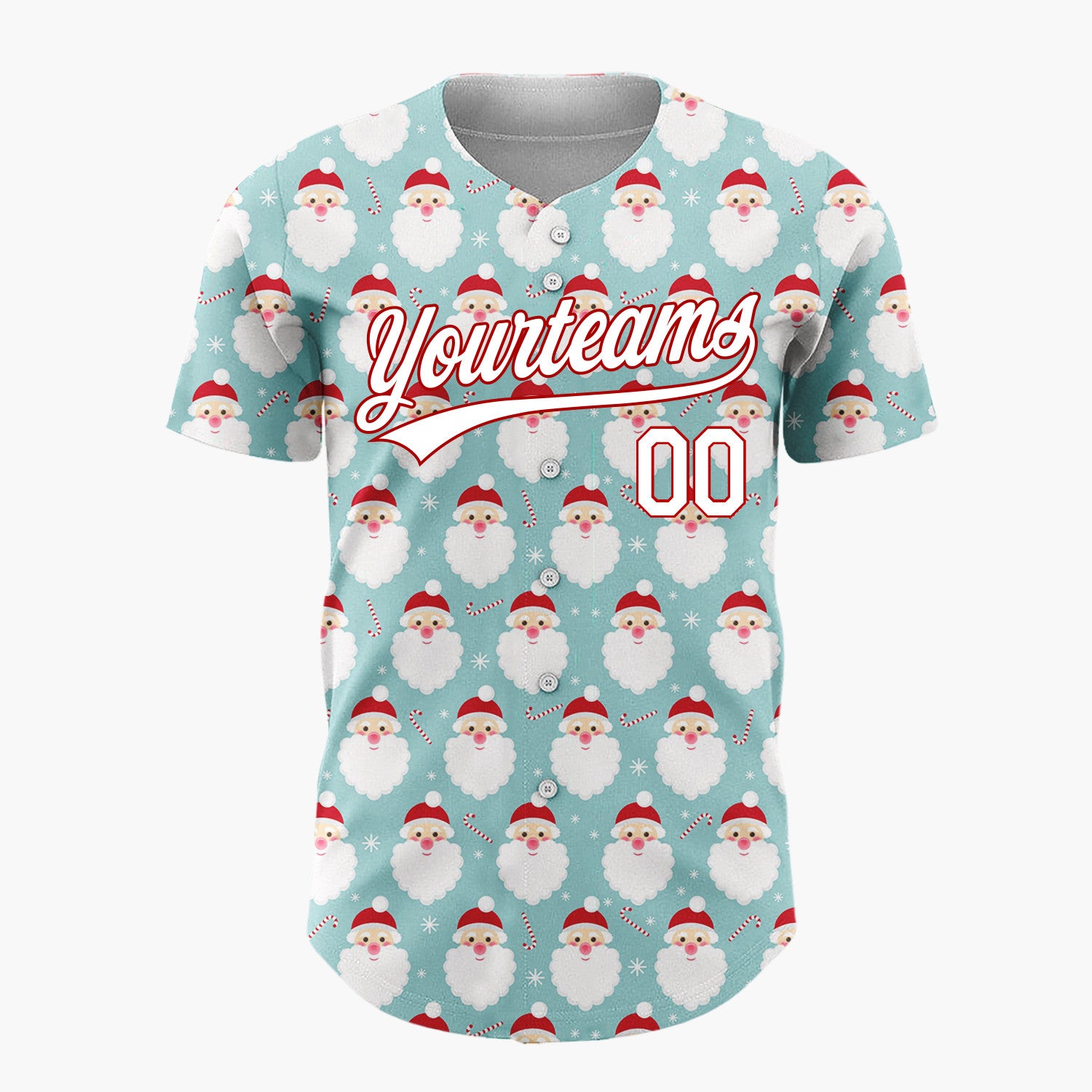 Custom Light Blue Santa Face And Candy Cane Simple Christmas Baseball Jersey