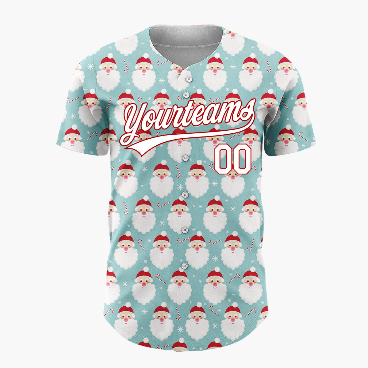 Custom Light Blue Santa Face And Candy Cane Simple Christmas Baseball Jersey