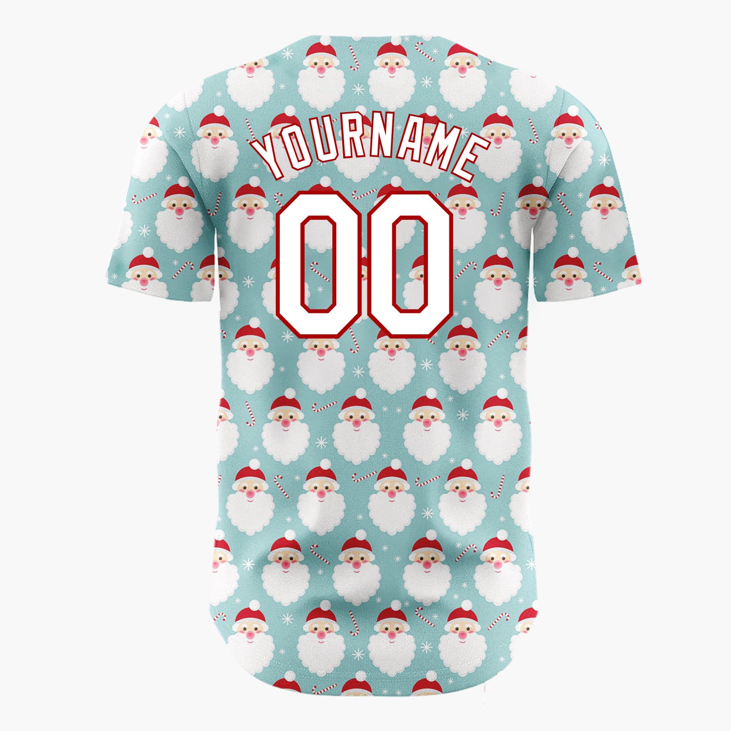 Custom Light Blue Santa Face And Candy Cane Simple Christmas Baseball Jersey