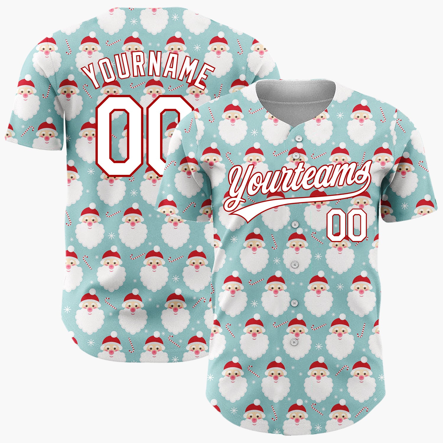 Custom Light Blue Santa Face And Candy Cane Simple Christmas Baseball Jersey