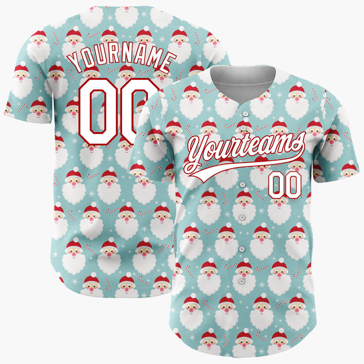 Custom Light Blue Santa Face And Candy Cane Simple Christmas Baseball Jersey
