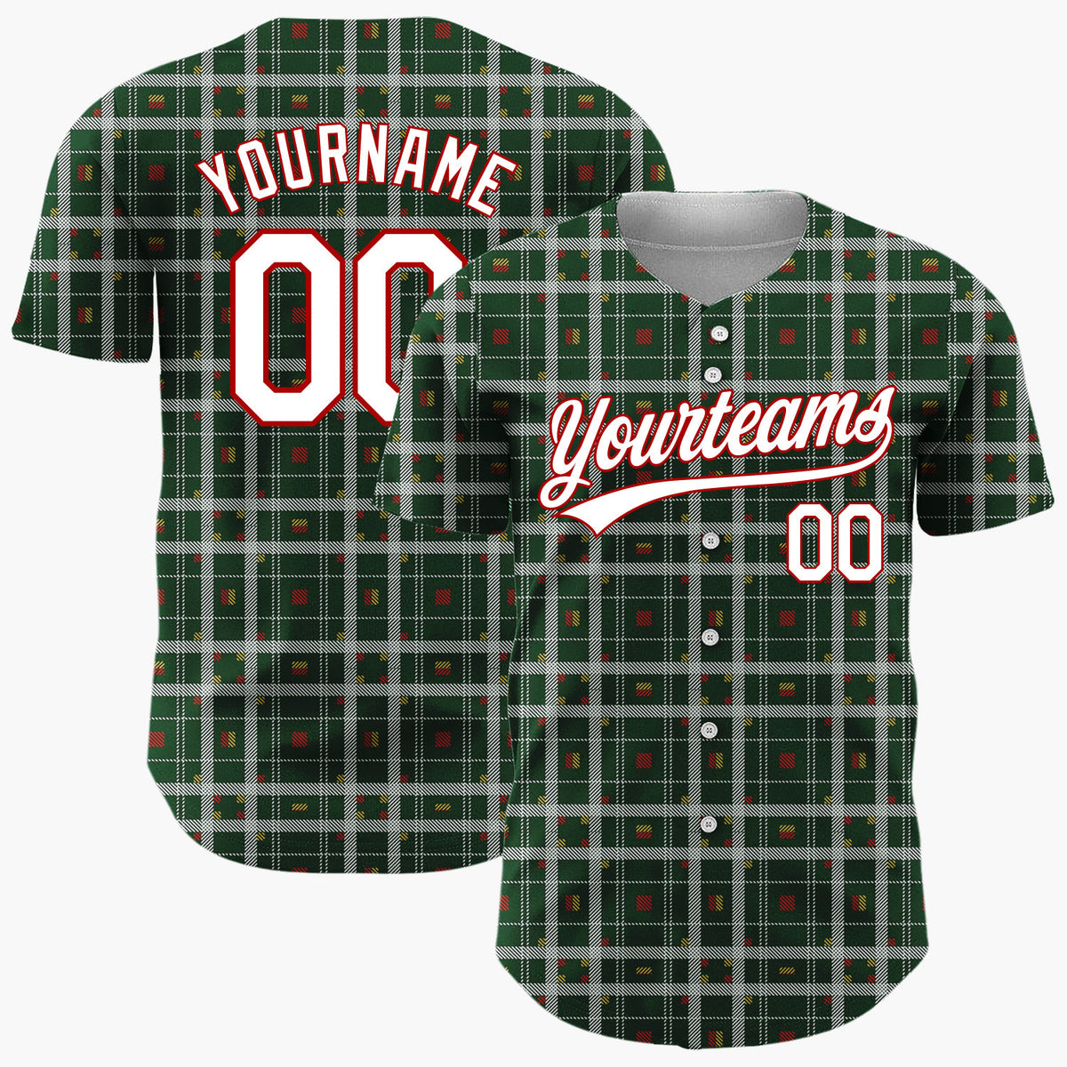 Custom Green Red Yellow Plaid Traditional Tartan Christmas Baseball Jersey