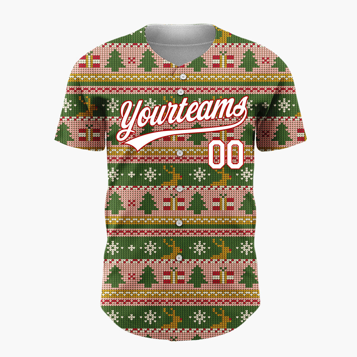 Custom Green Pink Gold Trees Gifts And Reindeers Cozy Fair Isle Pattern Christmas Baseball Jersey