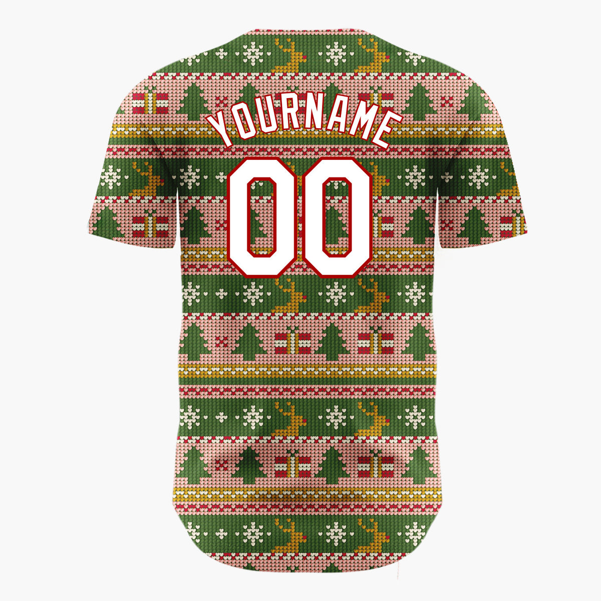 Custom Green Pink Gold Trees Gifts And Reindeers Cozy Fair Isle Pattern Christmas Baseball Jersey