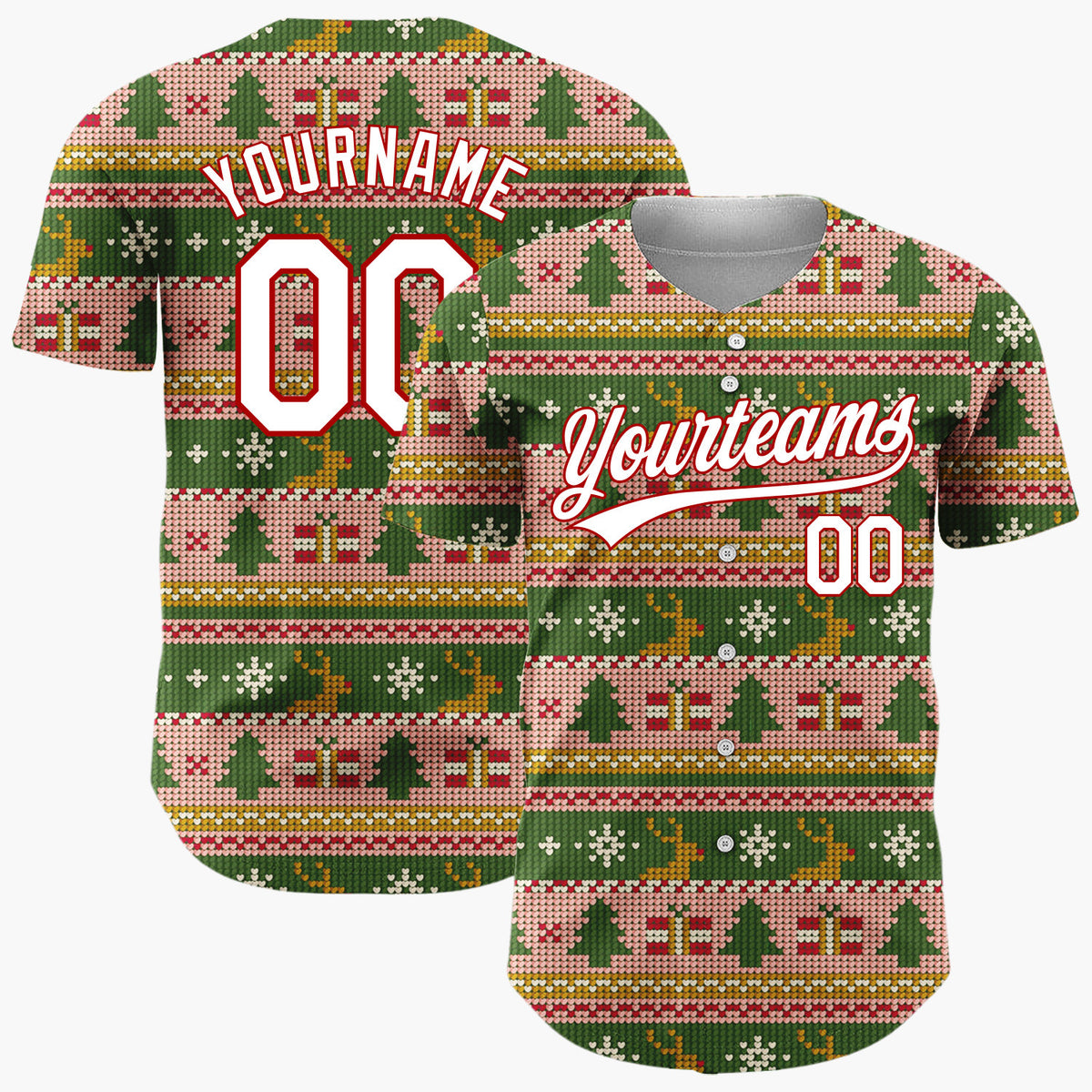 Custom Green Pink Gold Trees Gifts And Reindeers Cozy Fair Isle Pattern Christmas Baseball Jersey