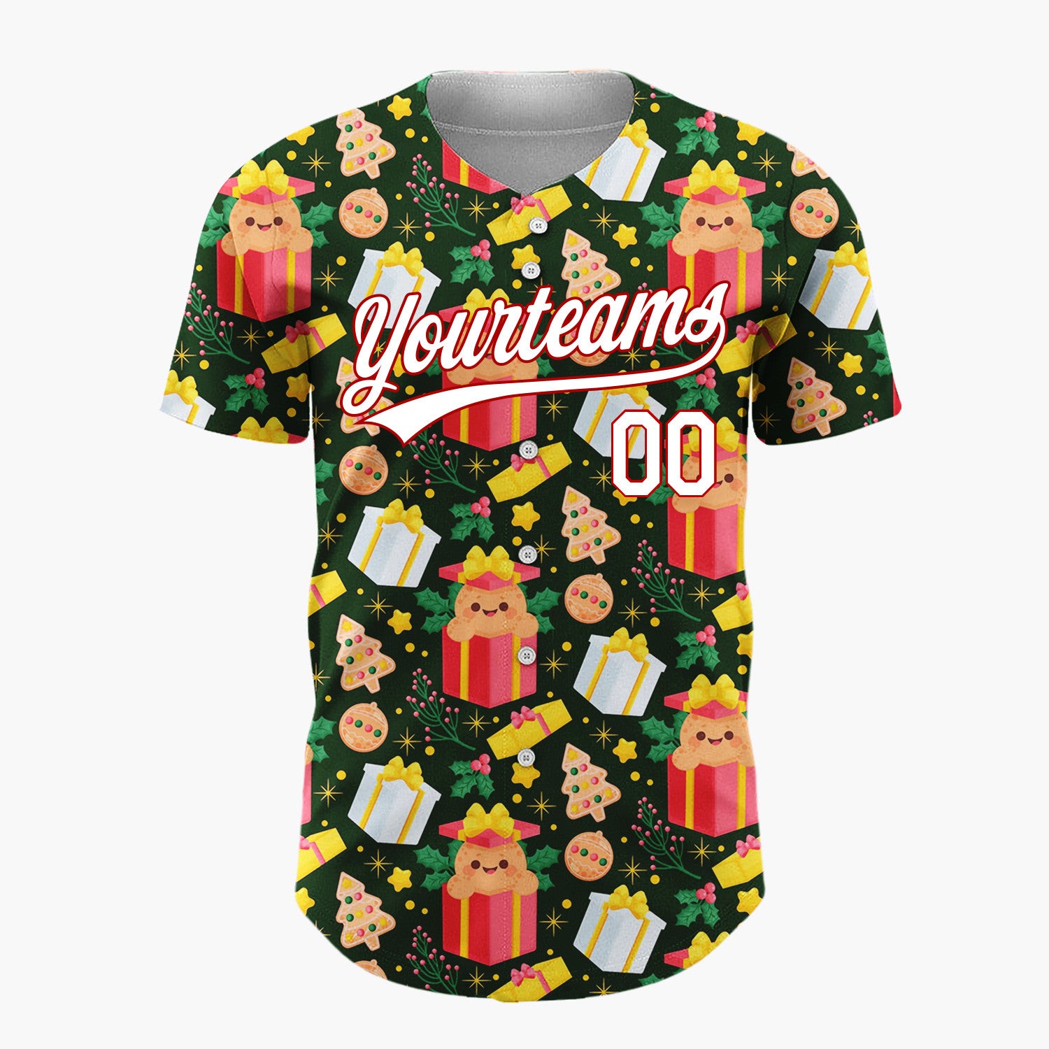 Custom Dark Green Red Puppies Gifts And Cookies Cute Christmas Baseball Jersey
