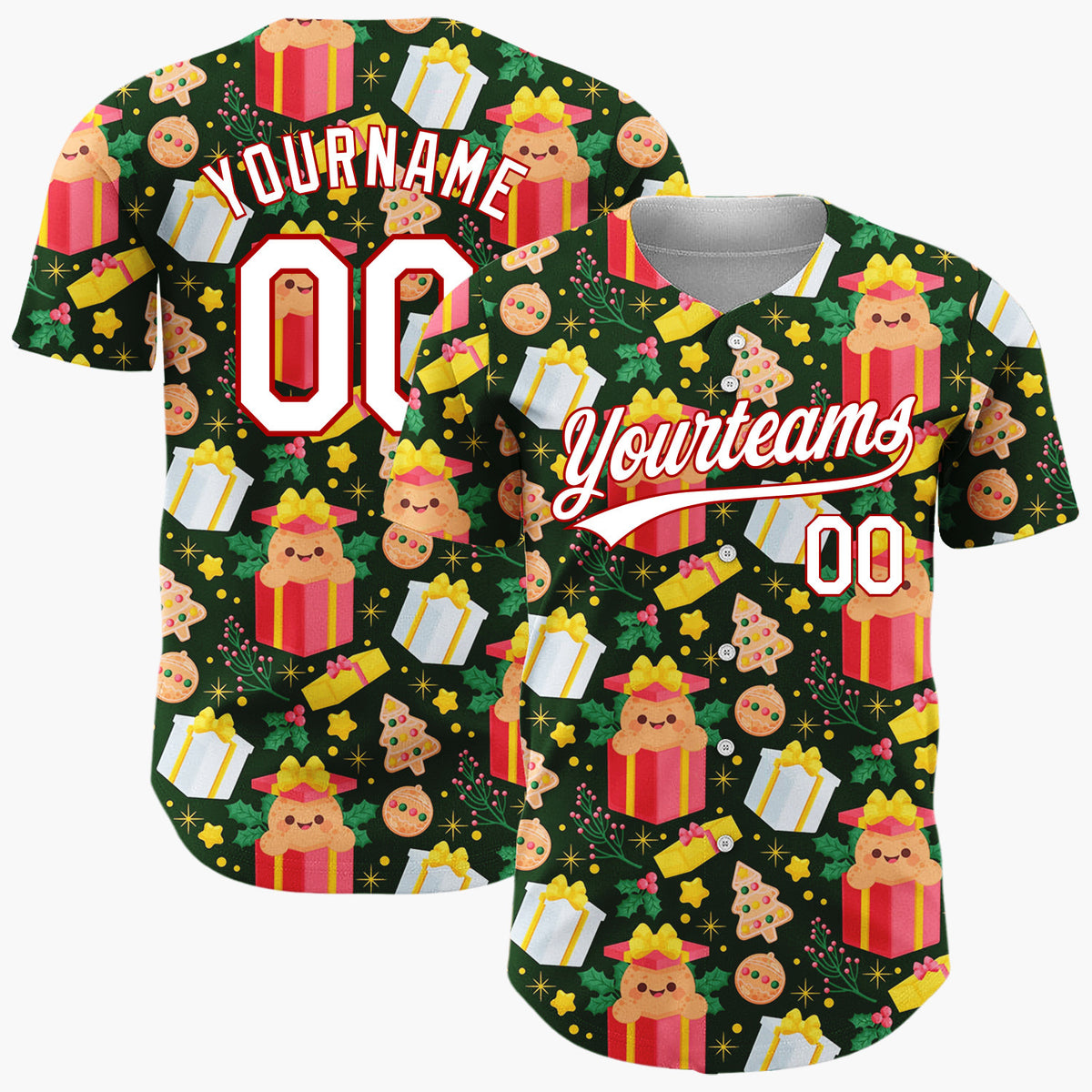 Custom Dark Green Red Puppies Gifts And Cookies Cute Christmas Baseball Jersey