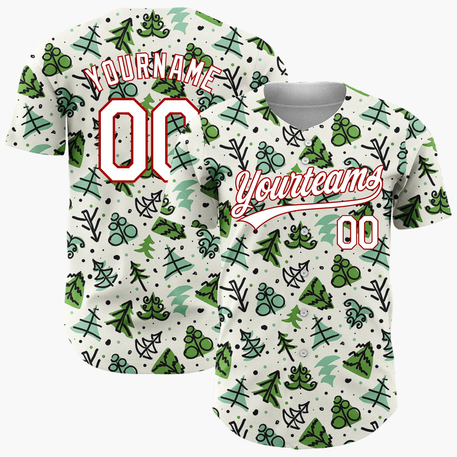 Custom Green Christmas Tree Branch Doodle Pattern Christmas Baseball Jersey