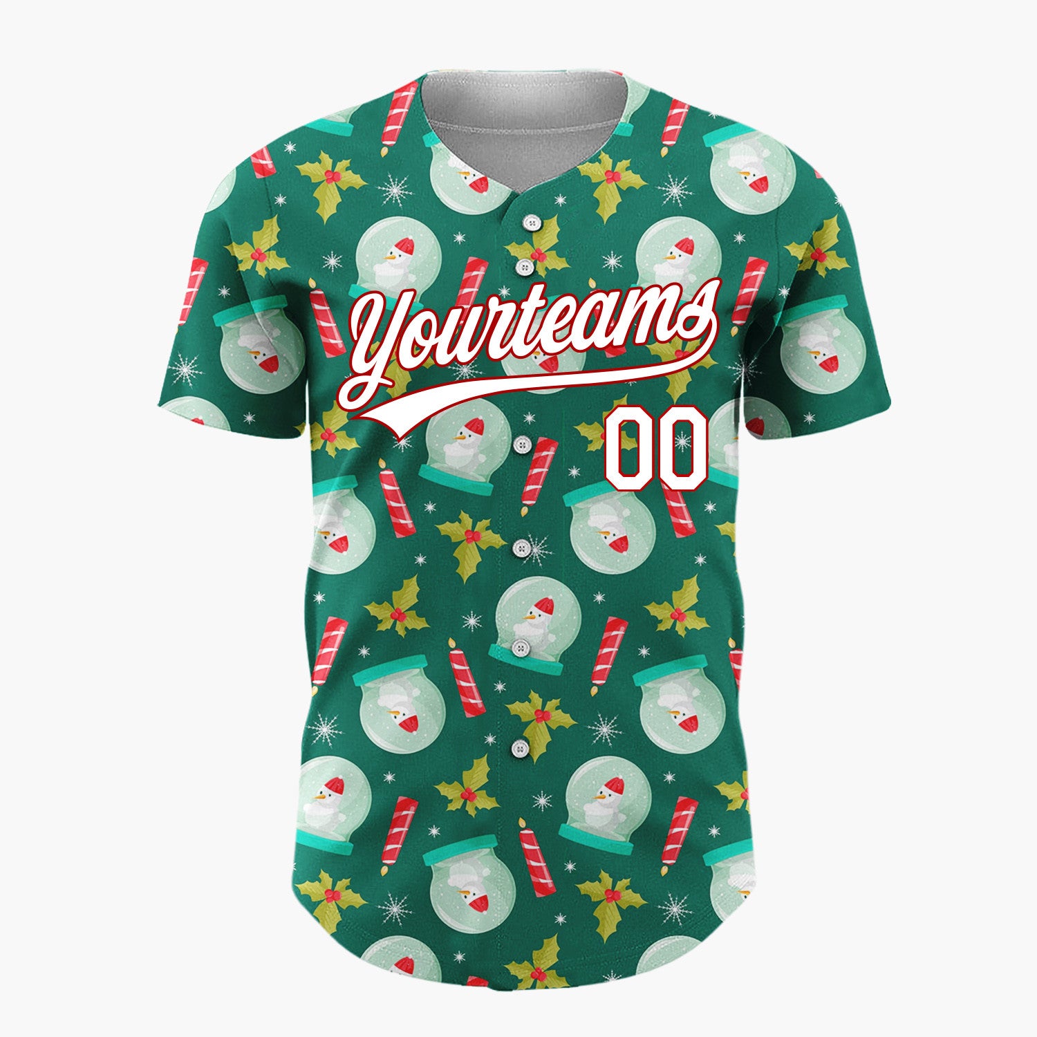 Custom Green Red Snow Globes Candles And Holly Christmas Baseball Jersey