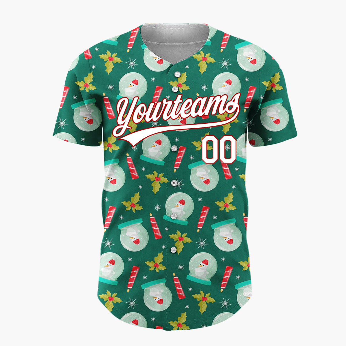 Custom Green Red Snow Globes Candles And Holly Christmas Baseball Jersey