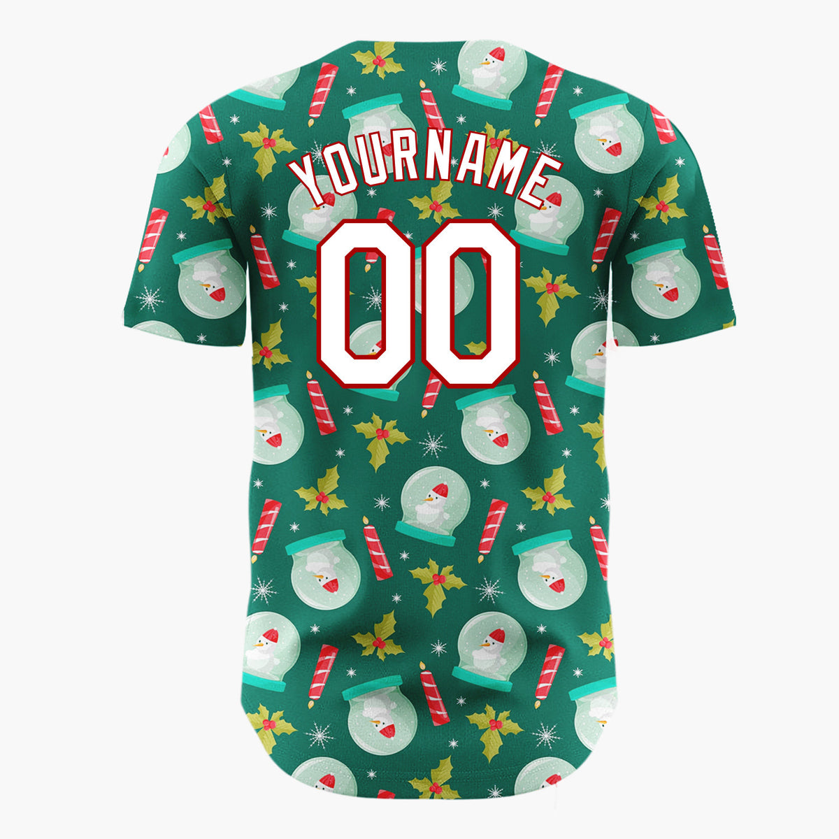 Custom Green Red Snow Globes Candles And Holly Christmas Baseball Jersey