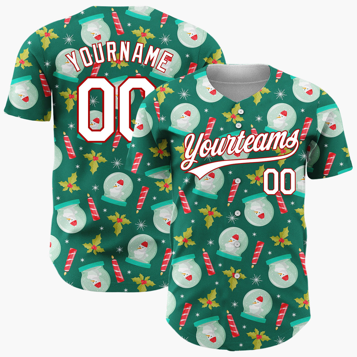 Custom Green Red Snow Globes Candles And Holly Christmas Baseball Jersey