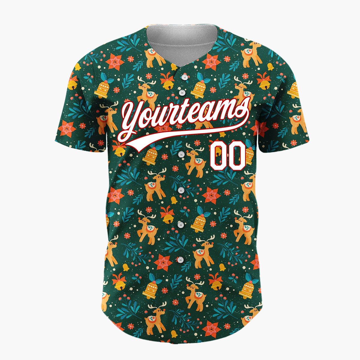 Custom Dark Green Reindeer Star Doodles Cartoon Pattern Christmas Baseball Jersey