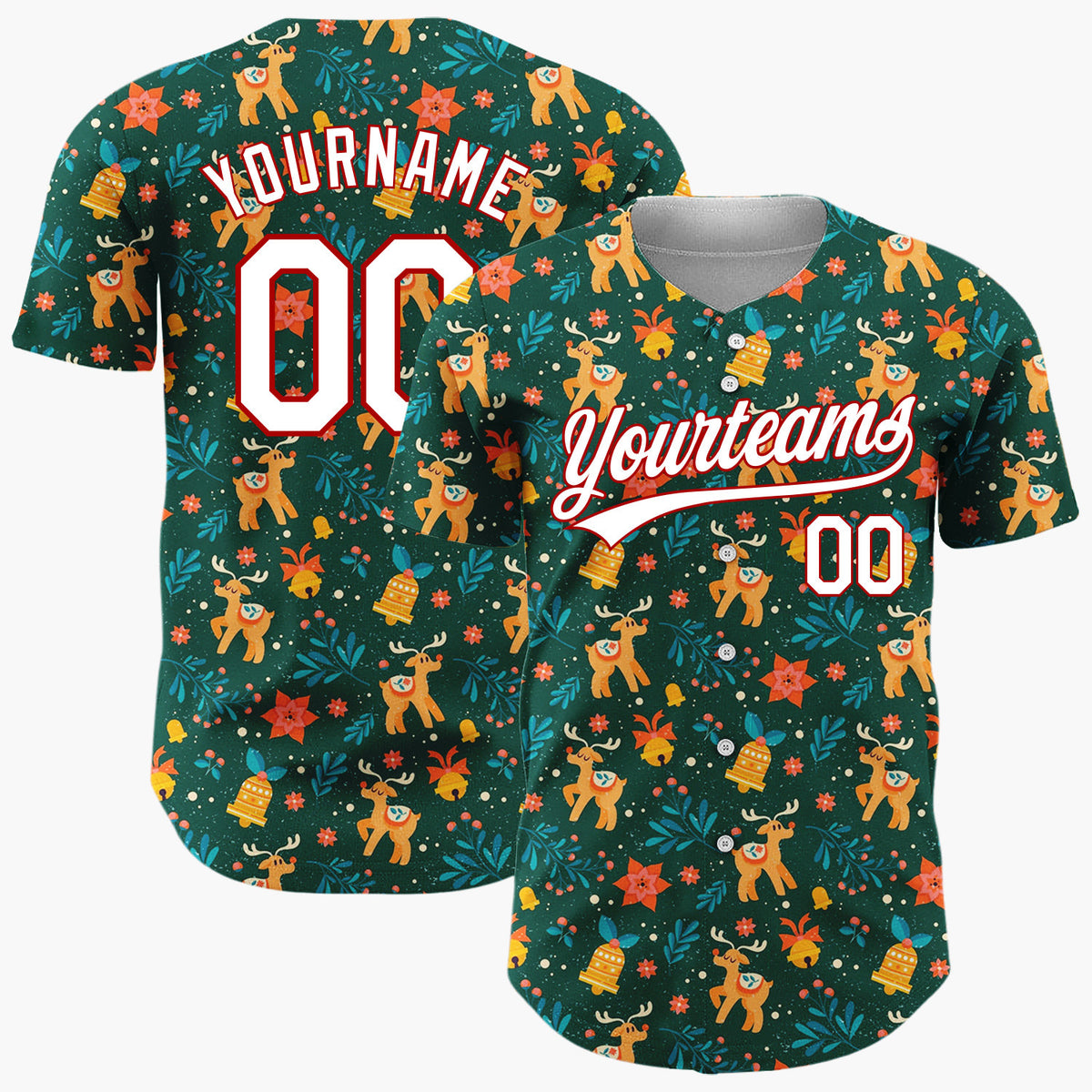 Custom Dark Green Reindeer Star Doodles Cartoon Pattern Christmas Baseball Jersey