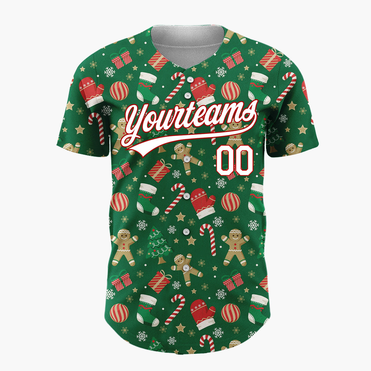 Custom Dark Green Red Gingerbread Man Candy Cane Christmas Baseball Jersey