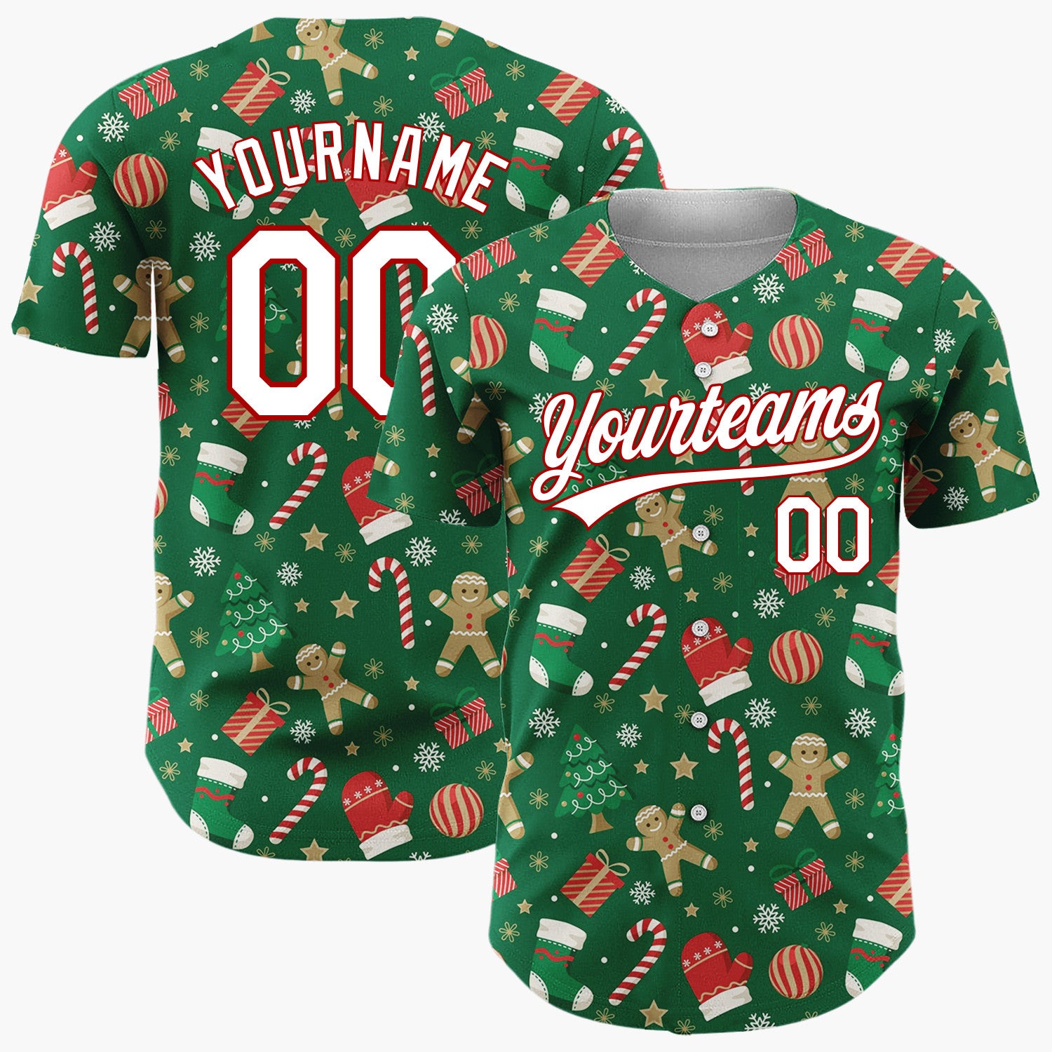 Custom Dark Green Red Gingerbread Man Candy Cane Christmas Baseball Jersey