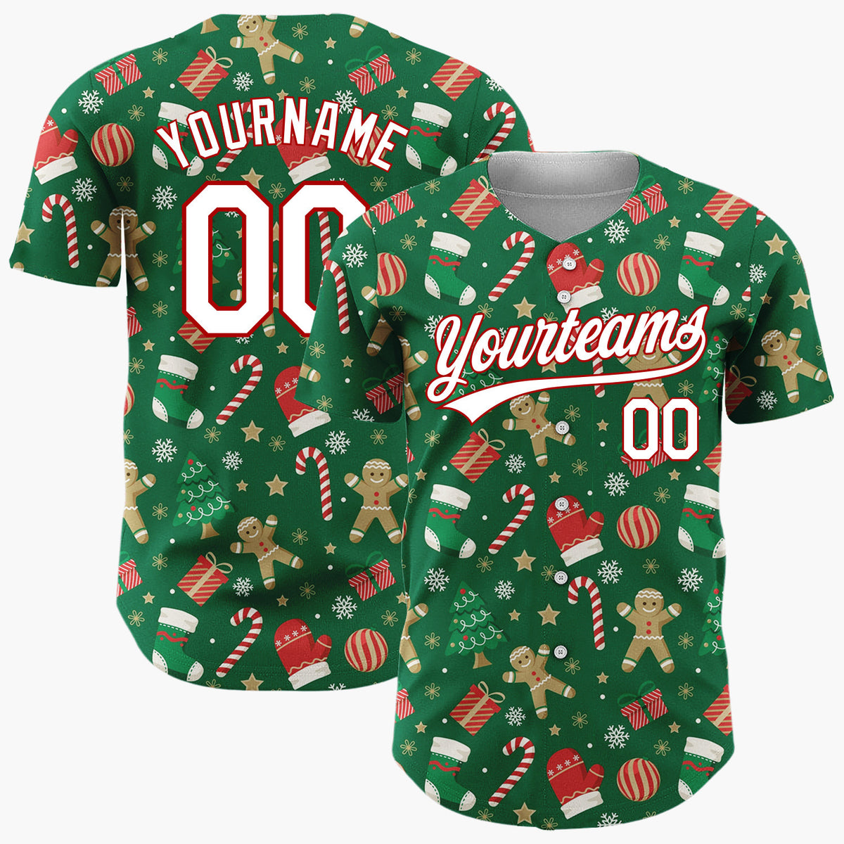 Custom Dark Green Red Gingerbread Man Candy Cane Christmas Baseball Jersey