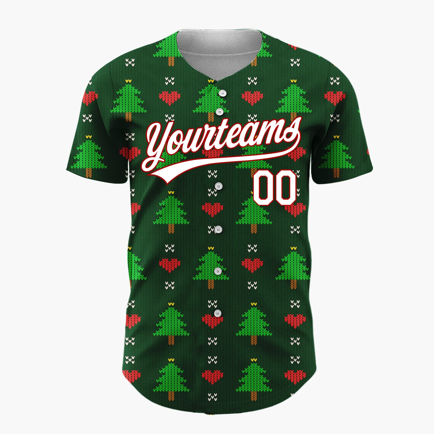 Custom Dark Green Trees Hearts Simple Knitted Pattern Christmas Baseball Jersey