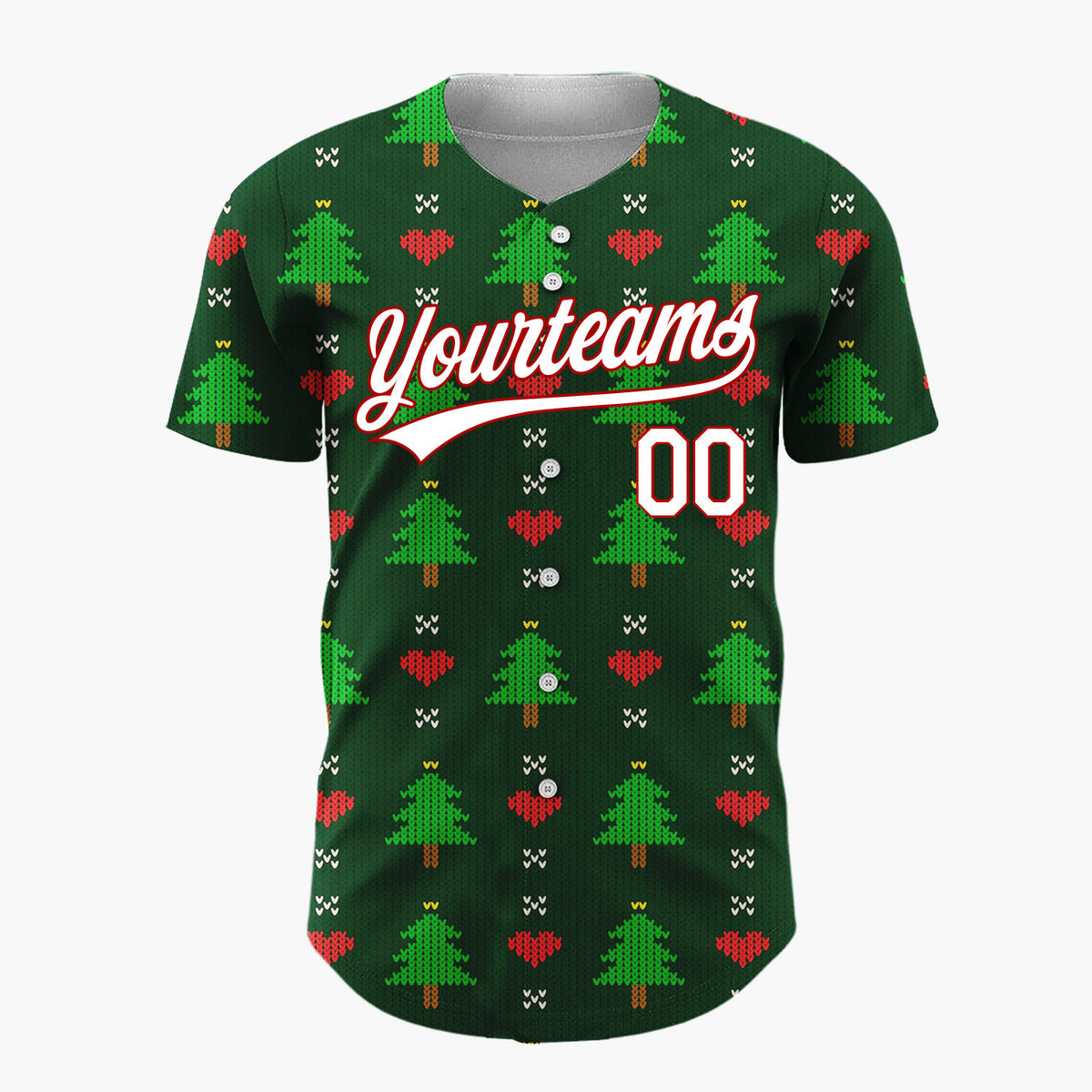 Custom Dark Green Trees Hearts Simple Knitted Pattern Christmas Baseball Jersey