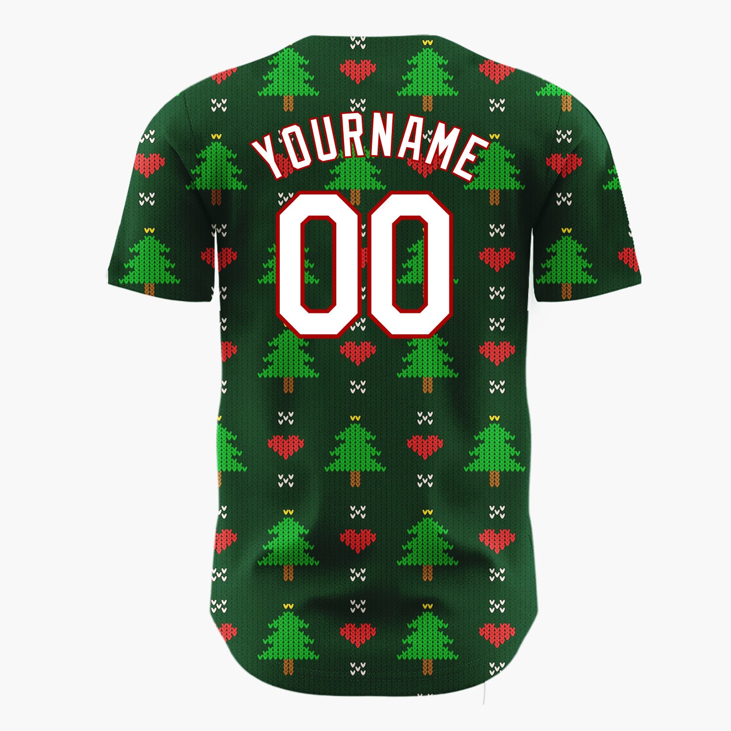 Custom Dark Green Trees Hearts Simple Knitted Pattern Christmas Baseball Jersey
