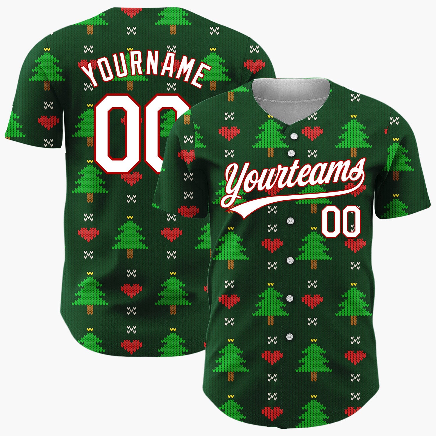 Custom Dark Green Trees Hearts Simple Knitted Pattern Christmas Baseball Jersey