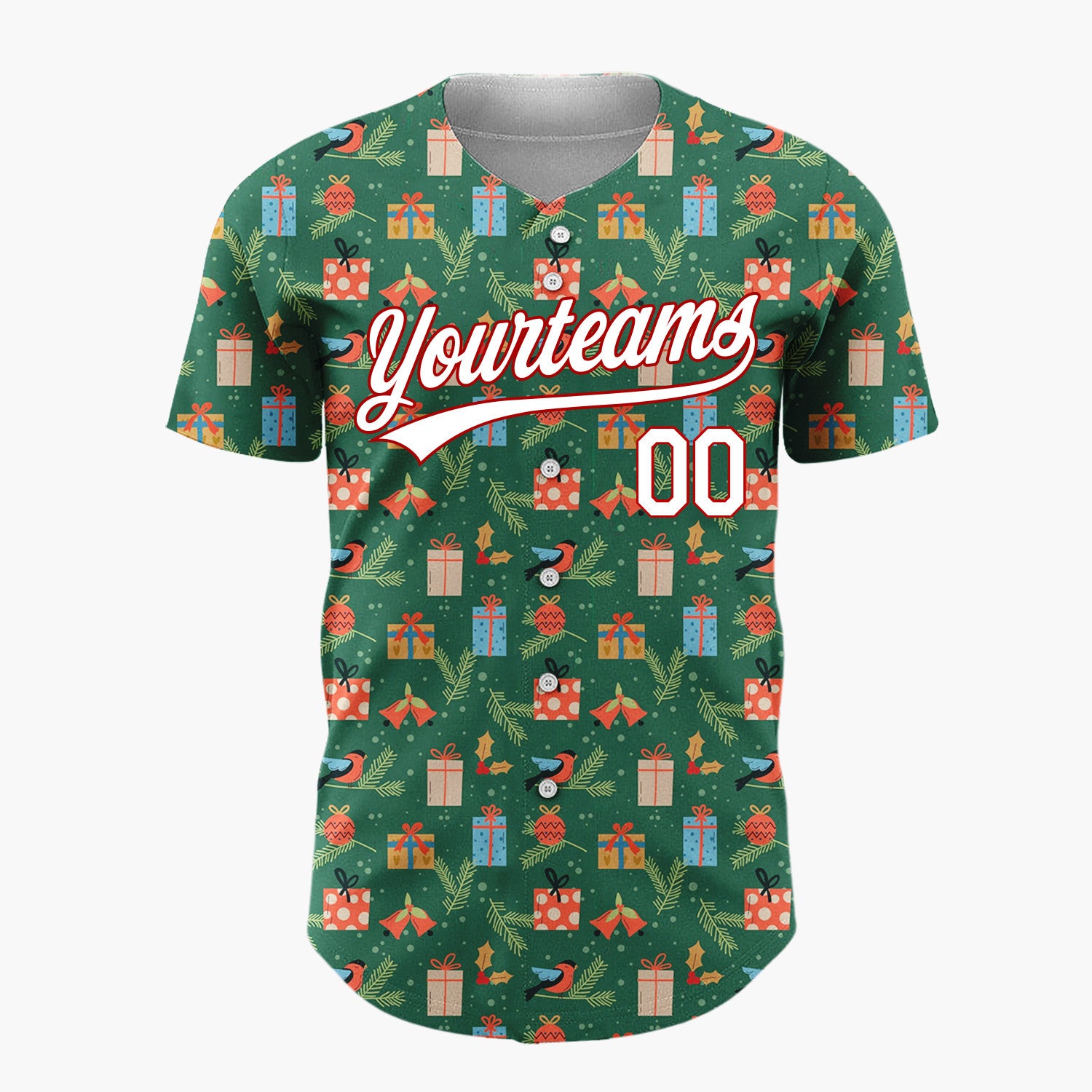 Custom Green Red Blue Birds Gifts And Pine Sprigs Traditional Holiday Pattern Christmas Baseball Jersey