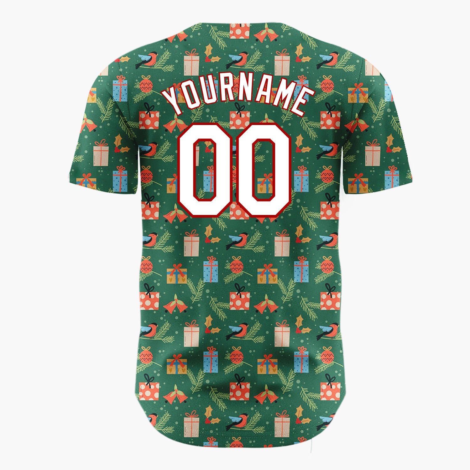 Custom Green Red Blue Birds Gifts And Pine Sprigs Traditional Holiday Pattern Christmas Baseball Jersey