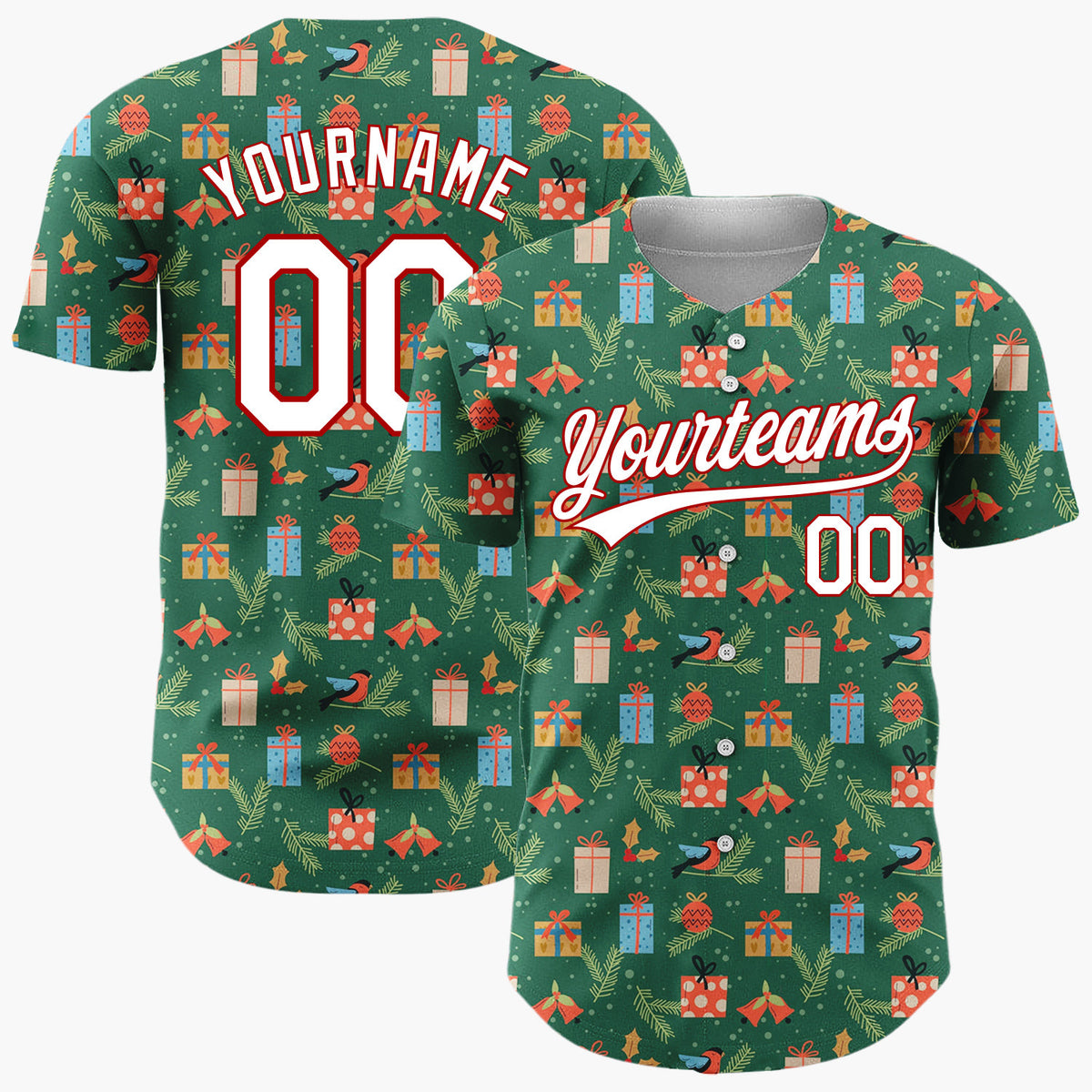 Custom Green Red Blue Birds Gifts And Pine Sprigs Traditional Holiday Pattern Christmas Baseball Jersey
