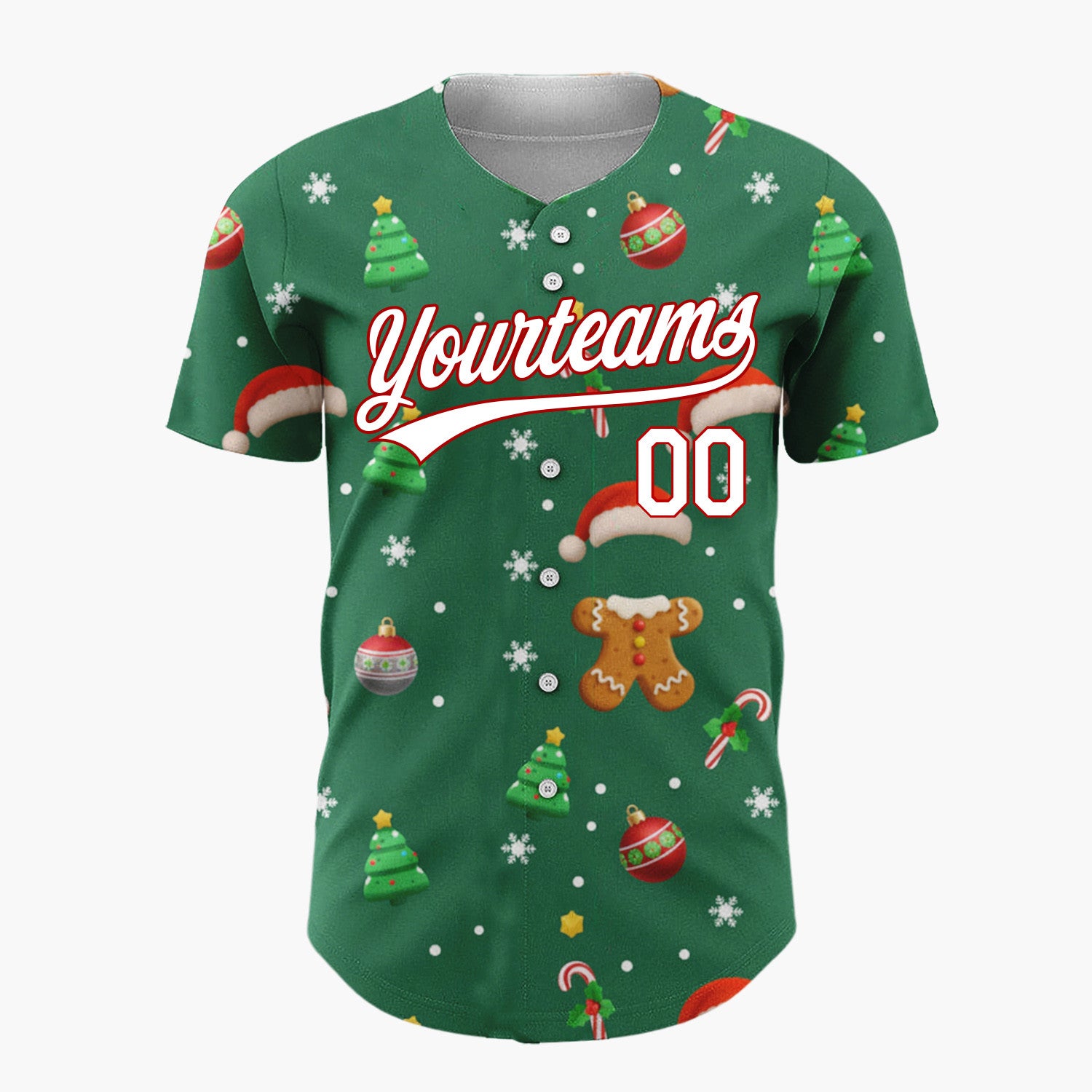 Custom Green Red Brown Gingerbread Trees And Ornaments Classic Holiday Pattern Christmas Baseball Jersey
