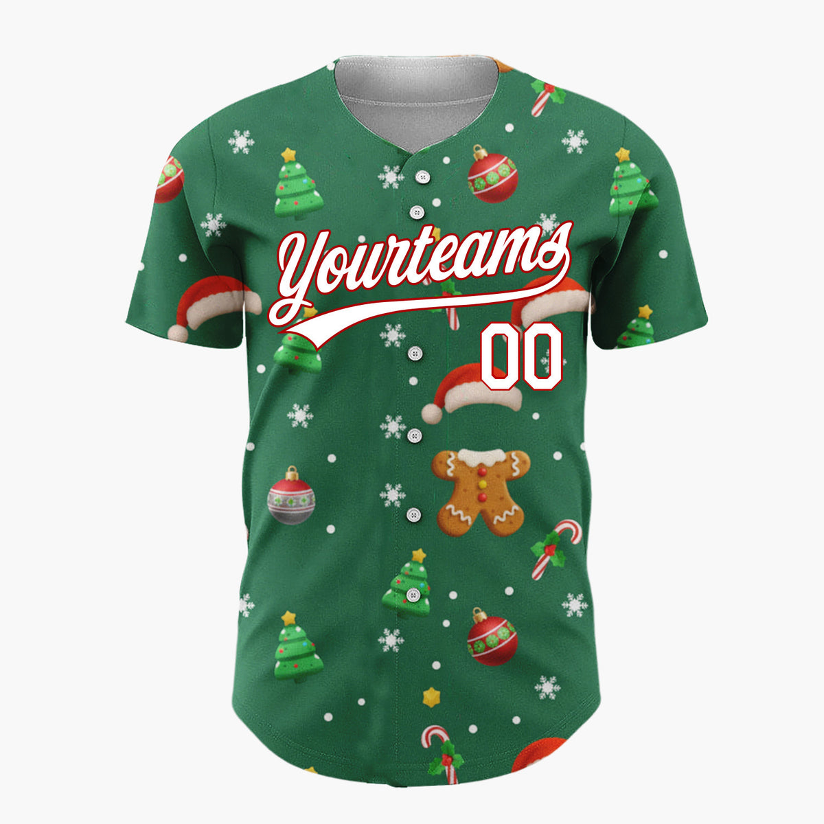 Custom Green Red Brown Gingerbread Trees And Ornaments Classic Holiday Pattern Christmas Baseball Jersey