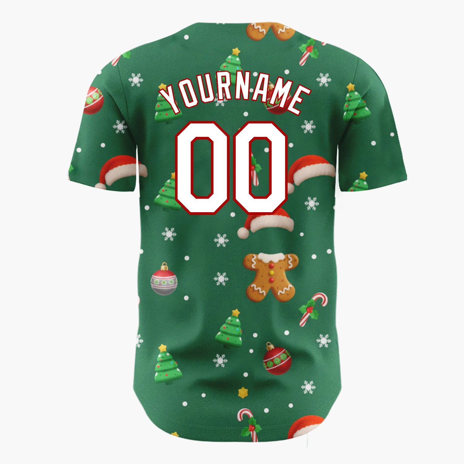 Custom Green Red Brown Gingerbread Trees And Ornaments Classic Holiday Pattern Christmas Baseball Jersey