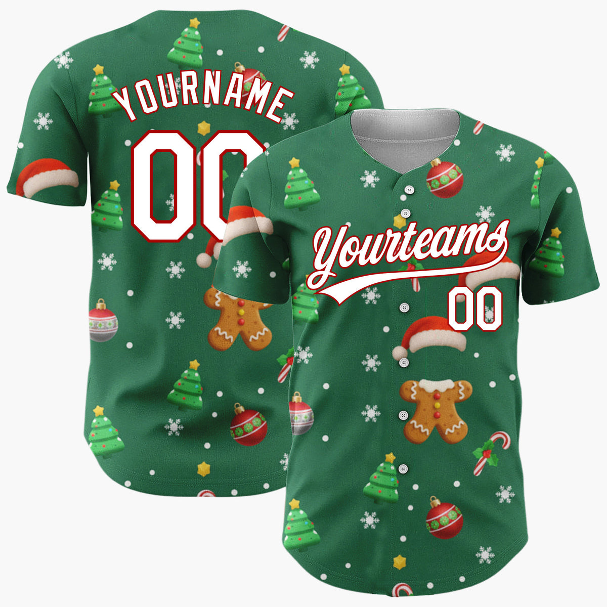 Custom Green Red Brown Gingerbread Trees And Ornaments Classic Holiday Pattern Christmas Baseball Jersey