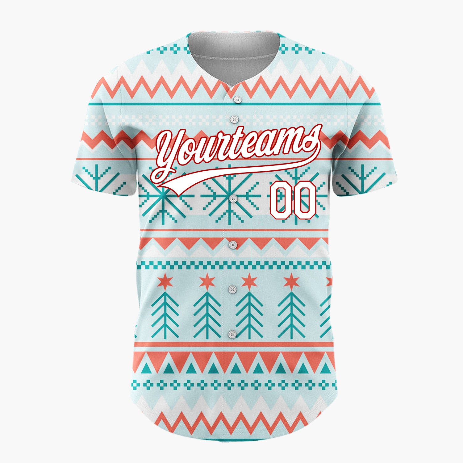 Custom Light Blue Red Teal Trees Snowflakes And Stars Geometric Christmas Baseball Jersey