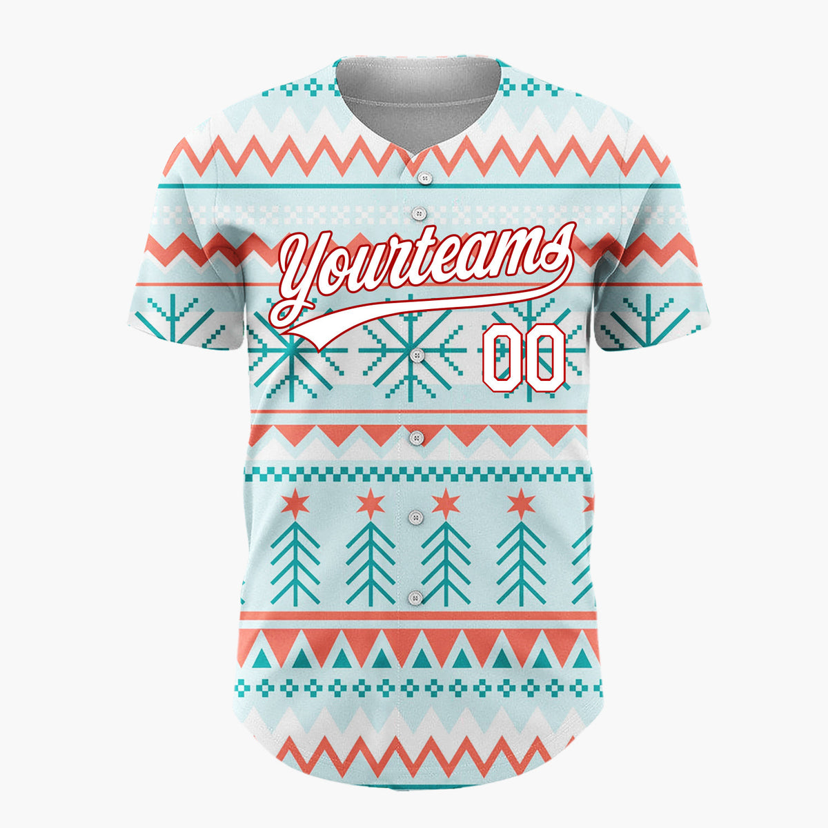 Custom Light Blue Red Teal Trees Snowflakes And Stars Geometric Christmas Baseball Jersey