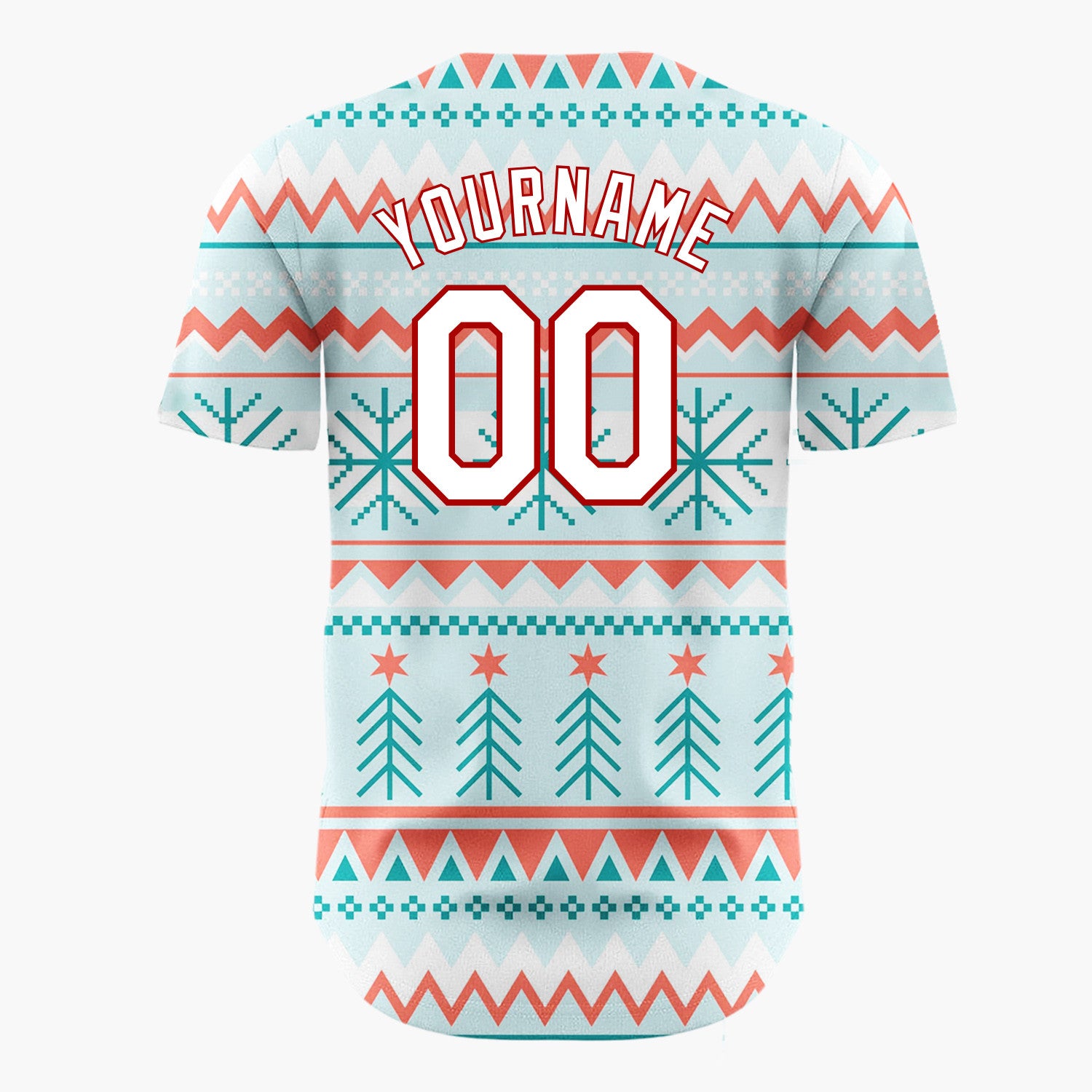 Custom Light Blue Red Teal Trees Snowflakes And Stars Geometric Christmas Baseball Jersey