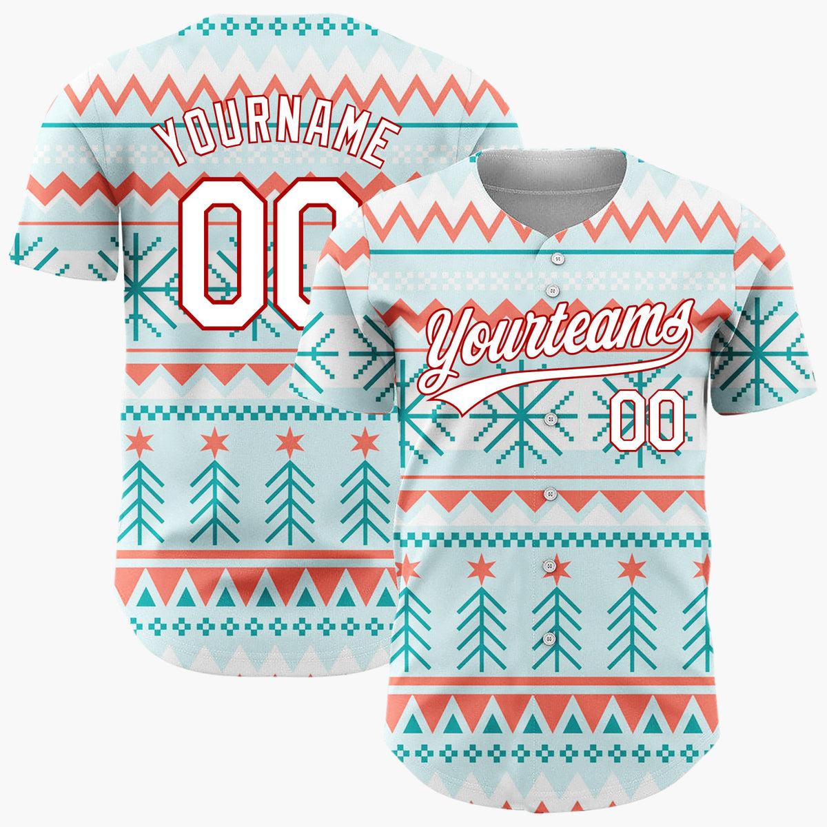 Custom Light Blue Red Teal Trees Snowflakes And Stars Geometric Christmas Baseball Jersey