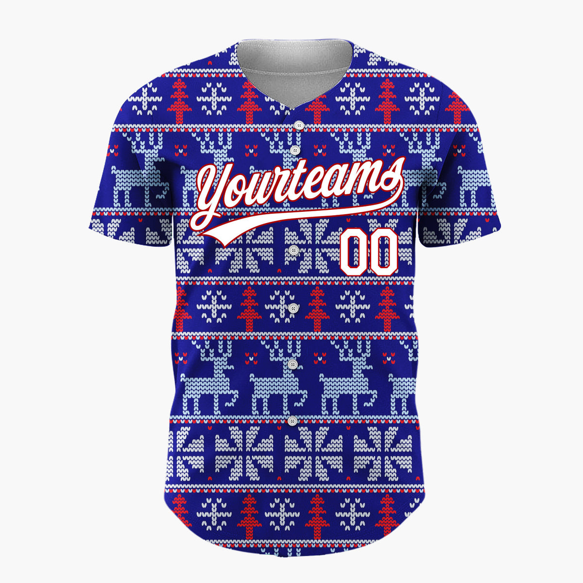 Custom Navy Blue Reindeer Nordic Knitted Pattern Christmas Baseball Jersey
