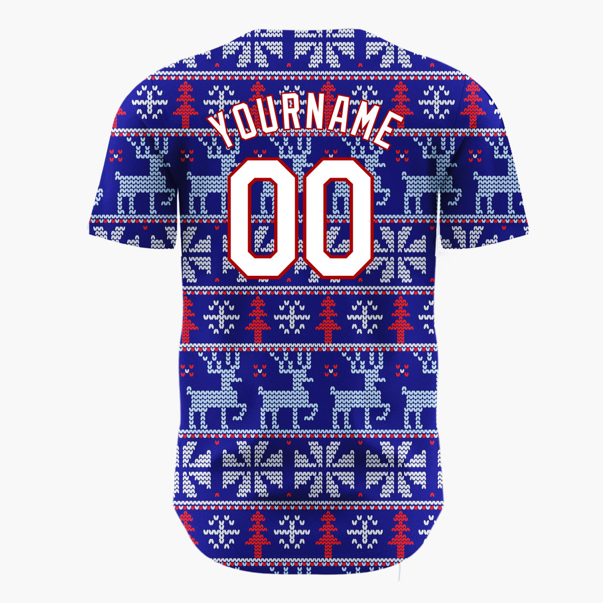 Custom Navy Blue Reindeer Nordic Knitted Pattern Christmas Baseball Jersey