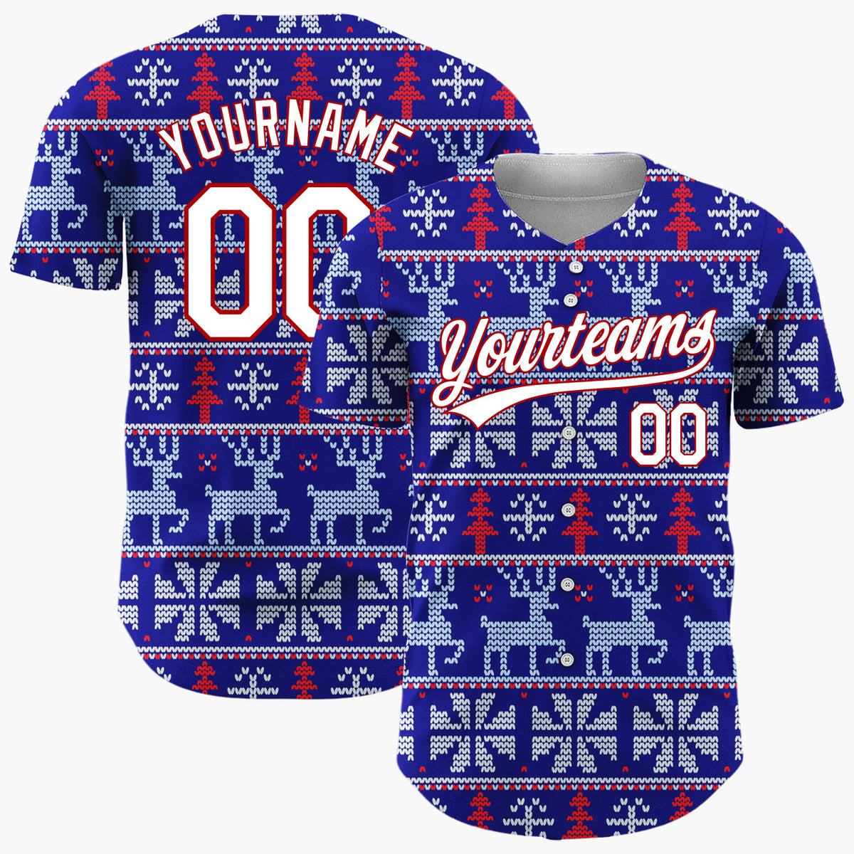 Custom Navy Blue Reindeer Nordic Knitted Pattern Christmas Baseball Jersey