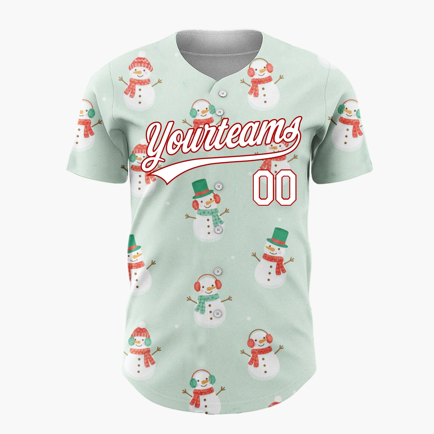 Custom Mint White Snowmen With Scarves Cozy Winter Pattern Christmas Baseball Jersey