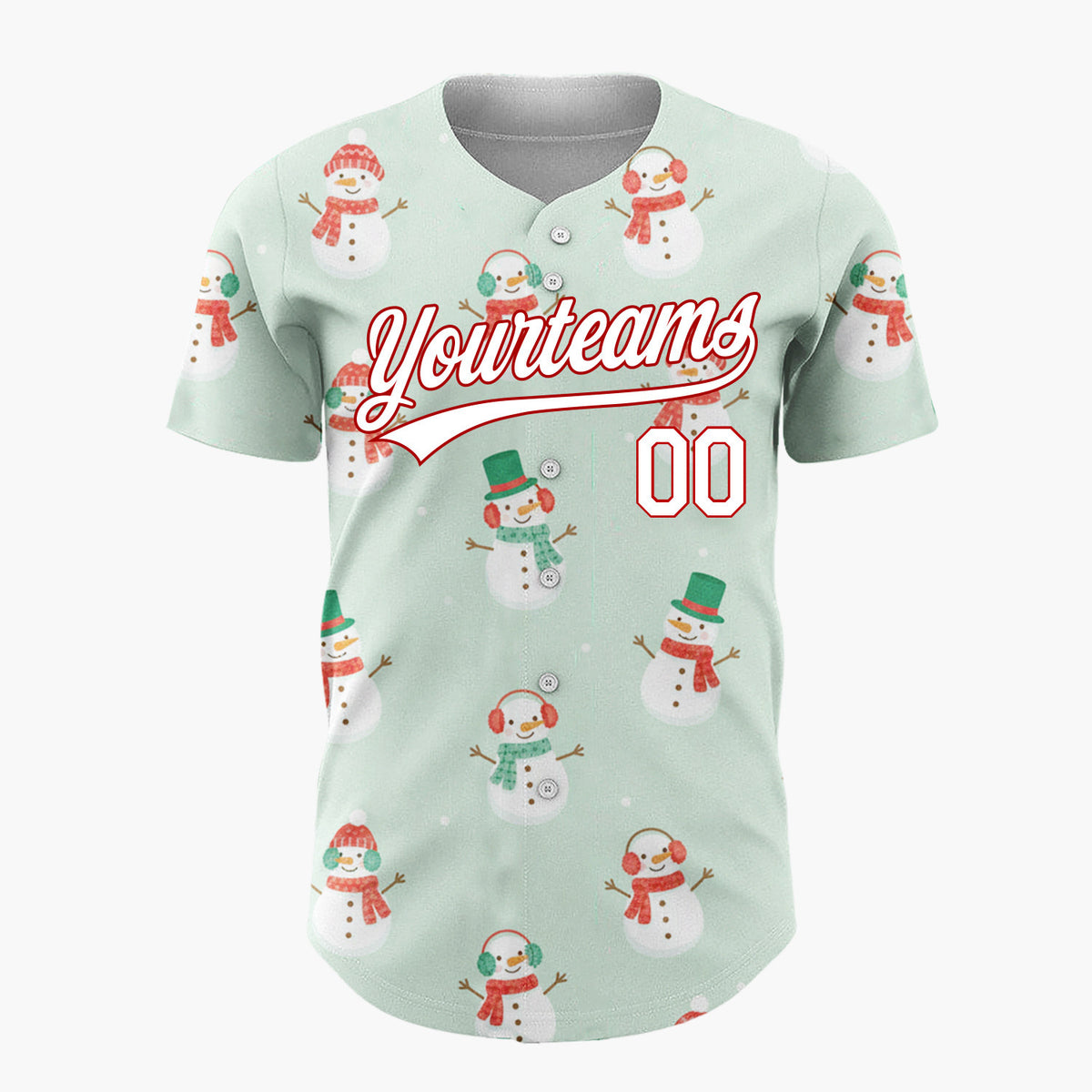 Custom Mint White Snowmen With Scarves Cozy Winter Pattern Christmas Baseball Jersey