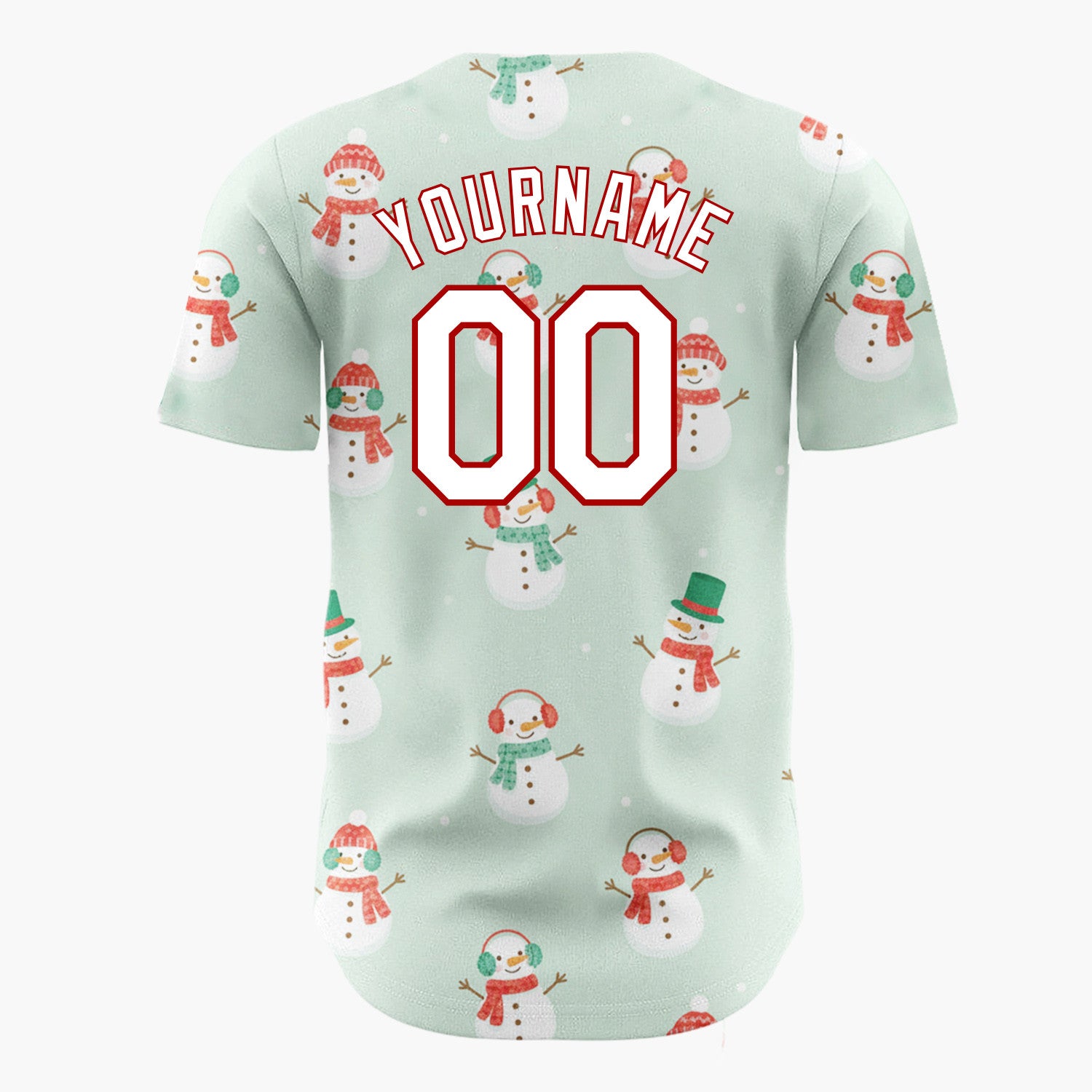 Custom Mint White Snowmen With Scarves Cozy Winter Pattern Christmas Baseball Jersey