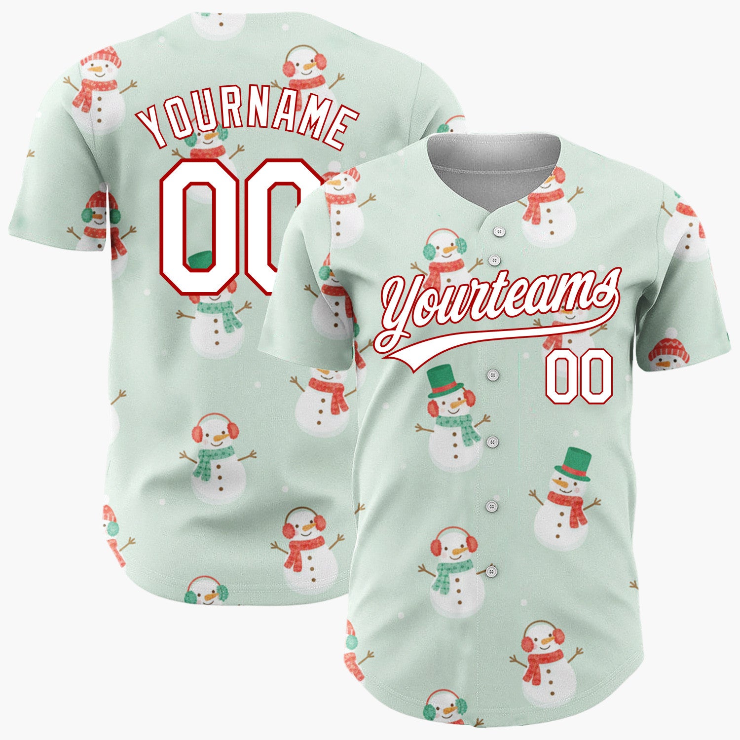 Custom Mint White Snowmen With Scarves Cozy Winter Pattern Christmas Baseball Jersey