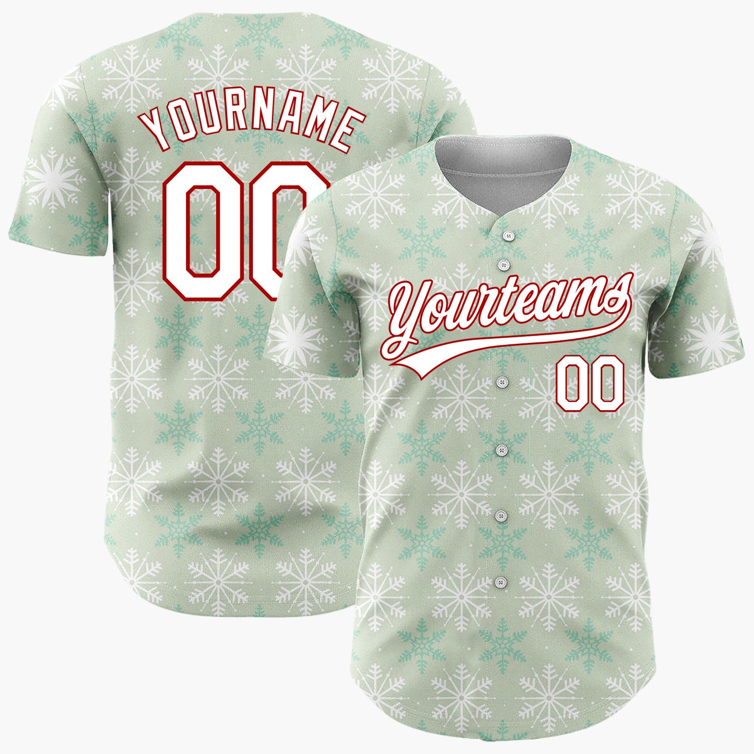 Custom Light Green White Simple Snowflake Geometric Pattern Christmas Baseball Jersey
