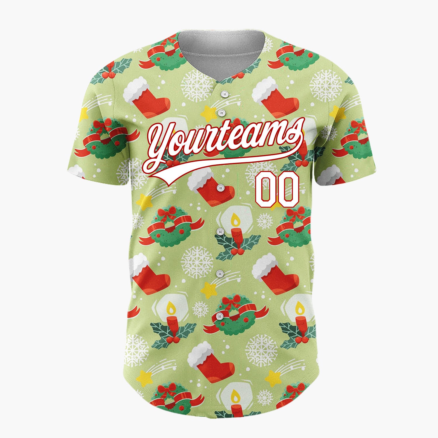 Custom Light Green Red Wreaths Candles And Stockings Classic Christmas Baseball Jersey